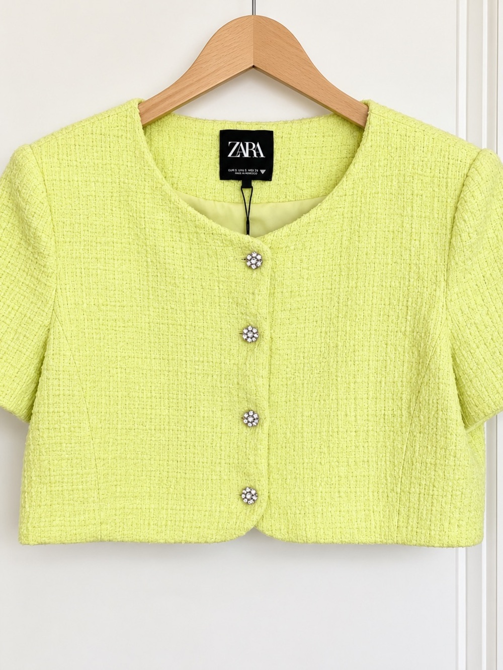 Zara Neon Lime Tweed Cropped Jewel-Button Top